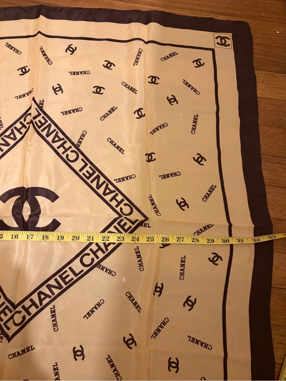 CHANEL Logo Print Scarf Beige Black Vintage Luxury Fashion Accessory